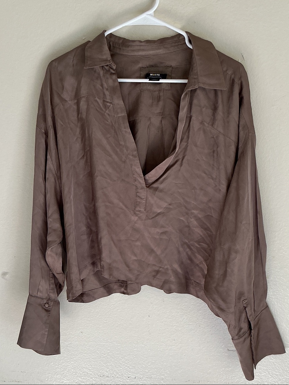 Maeve Satin-Look Button Shirt in Taupe Brown - Picture 9 of 10